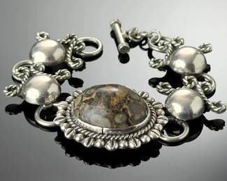 Vintage Mexican Sterling Silver Leopard Skin Jasper Cabochon Bracelet 925