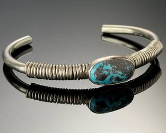 Vintage Sterling Silver Bisbee Turquoise Coiled Wire Cuff Bracelet
