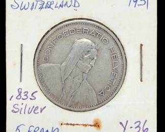 1931 Switzerland 5 Francs Silver Coin, Helvetia, Rare 'B' Mint Mark