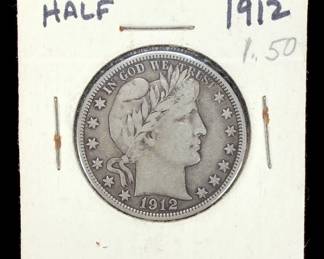 1912 US Barber Half Dollar 90% Silver Coin - Philadelphia Mint