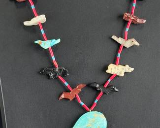 Zuni Fetish Necklace, Hand Carved Stone Animals, Native American Vintage