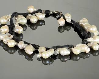 14" Baroque Biwa Pearl Choker Necklace Black Suede Cord Statement