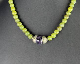 Nephrite Jade Amethyst Peridot Bead Statement Necklace Sterling Silver Clasp