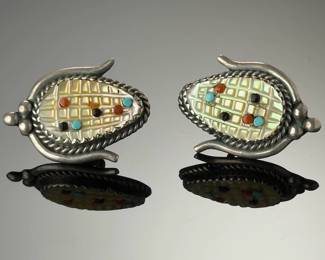 Zuni Sterling Silver Corn Inlay Earrings Mother of Pearl Turquoise Coral TB Z