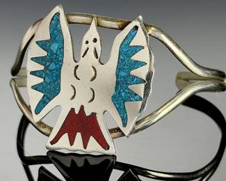 Vintage Native American Silver Turquoise Coral Hummingbird Chip Inlay Cuff