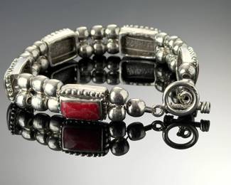 Vintage Mexican Sterling Silver Red Coral Bracelet & Earrings Set Taxco TB-167