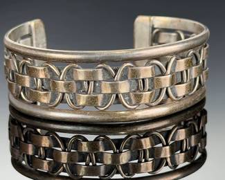 Vintage Mexican Sterling Silver Cuff Bracelet, Woven Basket Weave, TJ-5, 925