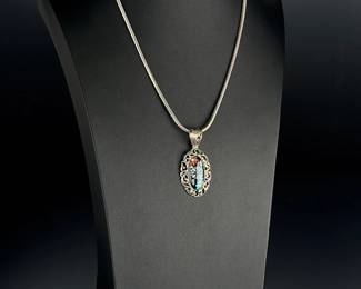 Carolyn Pollack Sterling Silver Multi-Stone Inlay Floral Pendant Necklace Italy