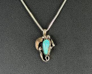 Navajo Sterling Silver Sleeping Beauty Turquoise Pendant Necklace Tawa by KT