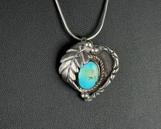 Navajo Sterling Silver Royston Turquoise Leaf Pendant Necklace 24" Italy 925