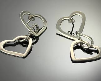 Vintage Mexican Sterling Silver Double Heart Dangle Earrings .925