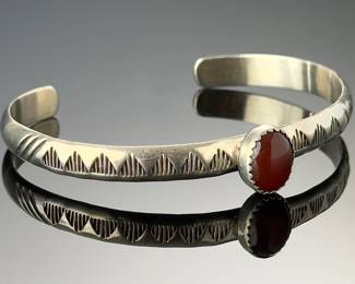 Native American Sterling Silver Carnelian Cuff Bracelet Signed HC Hand-Stamped