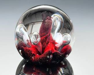 Caithness Scotland Miniature Moonflower Art Glass Paperweight Red Controlled Bubble