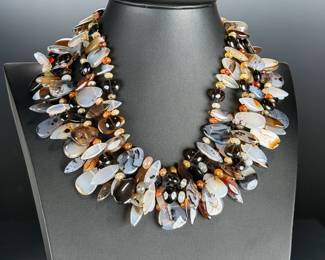Dendritic Agate & Chalcedony 4-Strand Statement Necklace, 18" Artisan Piece