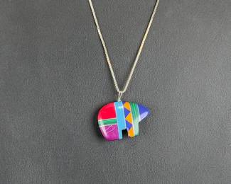 Sterling Silver Zuni Style Multi-Stone Inlay Bear Pendant Necklace, 925 Italy