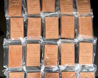 20x Half Pound .999 Fine Copper Bullion Bars Lot, Investment Grade USA