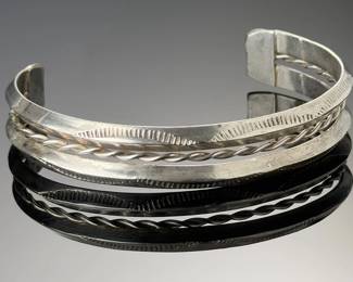 Vintage Southwestern Hand Stamped Silver Cuff Bracelet - Split Shank Twist
