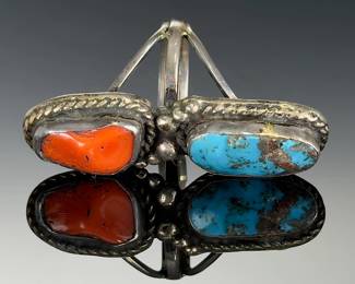 Vintage Navajo Silver Turquoise Coral Ring | Size 7.75 | 17g