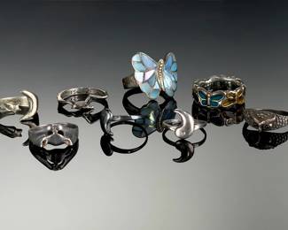 Vintage Sterling Silver & Silver-Tone Rings Lot | Butterfly, Owl, Moon, Star | 8 Pc