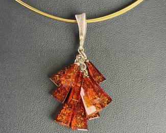 Modernist Sterling Silver Baltic Amber Fan Pendant Necklace & Earring Set