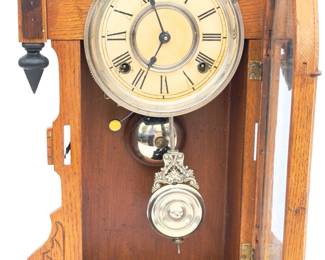 Antique Oak Gingerbread Parlor Clock - Etched Bird Glass, Key & Pendulum