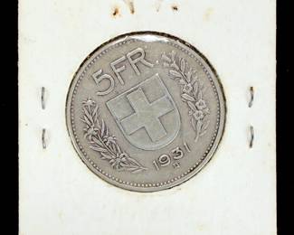 1931 Switzerland 5 Francs Silver Coin, Helvetia, Rare 'B' Mint Mark
