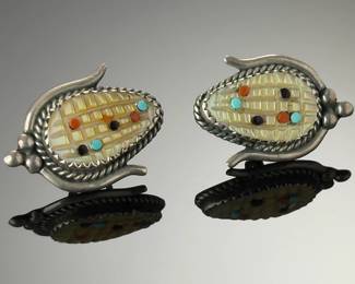 Zuni Sterling Silver Corn Inlay Earrings Mother of Pearl Turquoise Coral TB Z