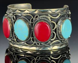 Vintage Mexican Silver Turquoise Coral Cuff Bracelet Hecho En Mexico SS 82g