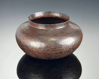Vintage Hammered Copper Bowl Vase, Arts & Crafts Style, Patinated Decor