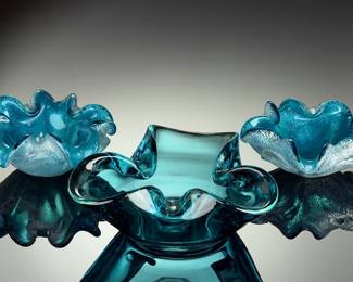 Vintage Murano Style Art Glass Bowls - Lot of 3 Turquoise Silver Foil & Teal