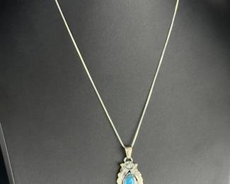 Navajo Sterling Silver Kingman Turquoise Pendant Necklace Signed SE Italy 925