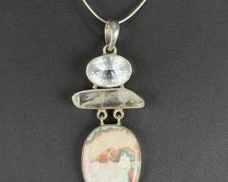 Modernist 925 Sterling Silver Ocean Jasper & Clear Quartz Totem Necklace