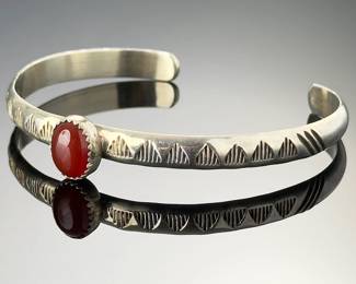 Native American Sterling Silver Carnelian Cuff Bracelet Signed HC Hand-Stamped