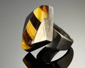 Modernist Sterling Silver Baltic Amber Striped Ring & Pendant Jewelry Set 925