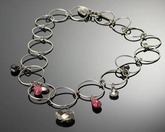 Chan Luu Sterling Silver Gemstone Link Choker Necklace Smoky Quartz Garnet 14"
