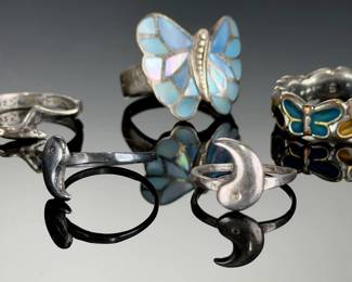 Vintage Sterling Silver & Silver-Tone Rings Lot | Butterfly, Owl, Moon, Star | 8 Pc