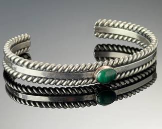 Navajo Sterling Silver Malachite Cuff Bracelet Signed SA Native American