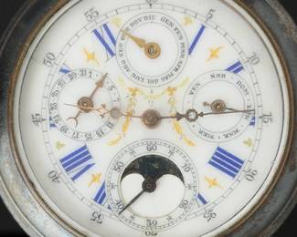 Antique Swiss Gunmetal Full Calendar Moonphase Pocket Watch Italian Dial c.1890