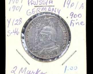 1901-A German Empire 2 Mark .900 Silver Coin Prussia Wilhelm II