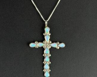 Sterling Silver & Rainbow Fire Opal Cross Necklace, 20" Italy 925 Box Chain
