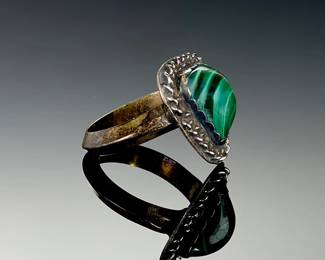 Vintage Silver Malachite Ring, Cabochon, Artisan Style, Size 6.5