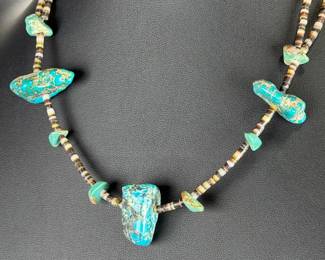 Vintage Native American Royston Turquoise & Shell Heishi Bead Chunky Necklace