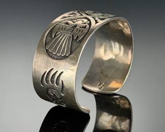 Vintage Navajo Sterling Silver Overlay Thunderbird Cuff Bracelet Native American