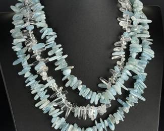 Deb Guyot Aquamarine & Clear Quartz 3-Strand Sterling Silver Necklace 20"