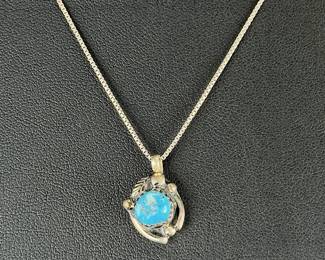 Navajo Kingman Turquoise Sterling Silver Pendant Necklace Tawa by KT
