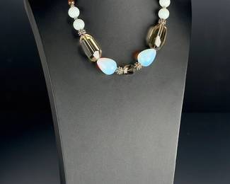 Opalite Smoky Quartz Bronzite Bali Style Chunky Beaded Statement Necklace