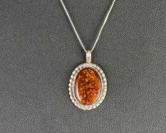Native American Sterling Silver Fire Agate Pendant Necklace 19.5 Inches Signed