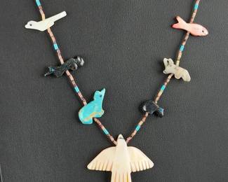 Vintage Zuni Fetish Necklace Multi-Stone Carved Animals Bird Pendant 29in