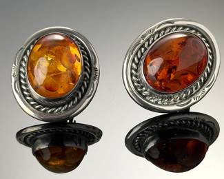 Navajo Sam Piaso Sterling Silver Amber Clip-On Earrings Native American Art
