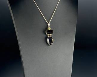 Sterling Silver Smoky Quartz & Peridot Pendant Necklace, Italy 925 Chain